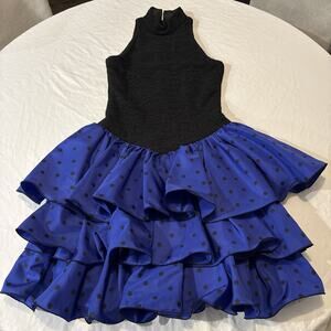 1980's Huey Waltzer for Darcy 80s Prom Polka Dot Dress Size 5/6 Black Blue USA